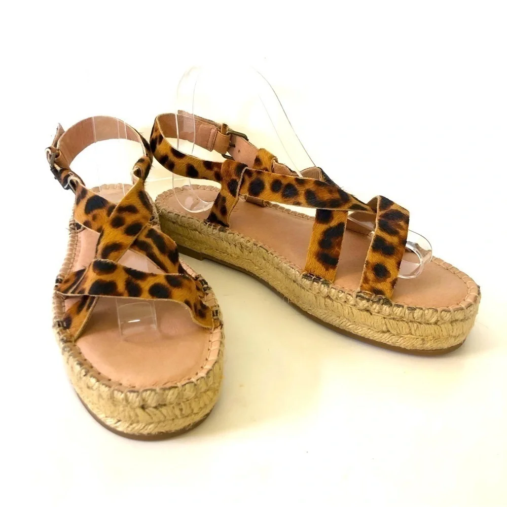 Madewell Malia Asymmetric Leopard Leather Calf Hair Espadrille Sandal Size 91/2
